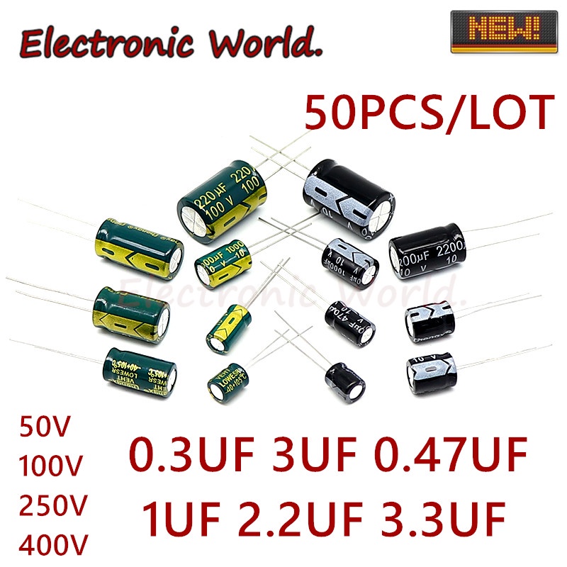 50 Cái / bộ Tụ Điện Phân Nhôm In-Line 50V / 100V / 250V / 400V / 0.33 0.47 UF 1UF 2.2 UF 3.3 UF