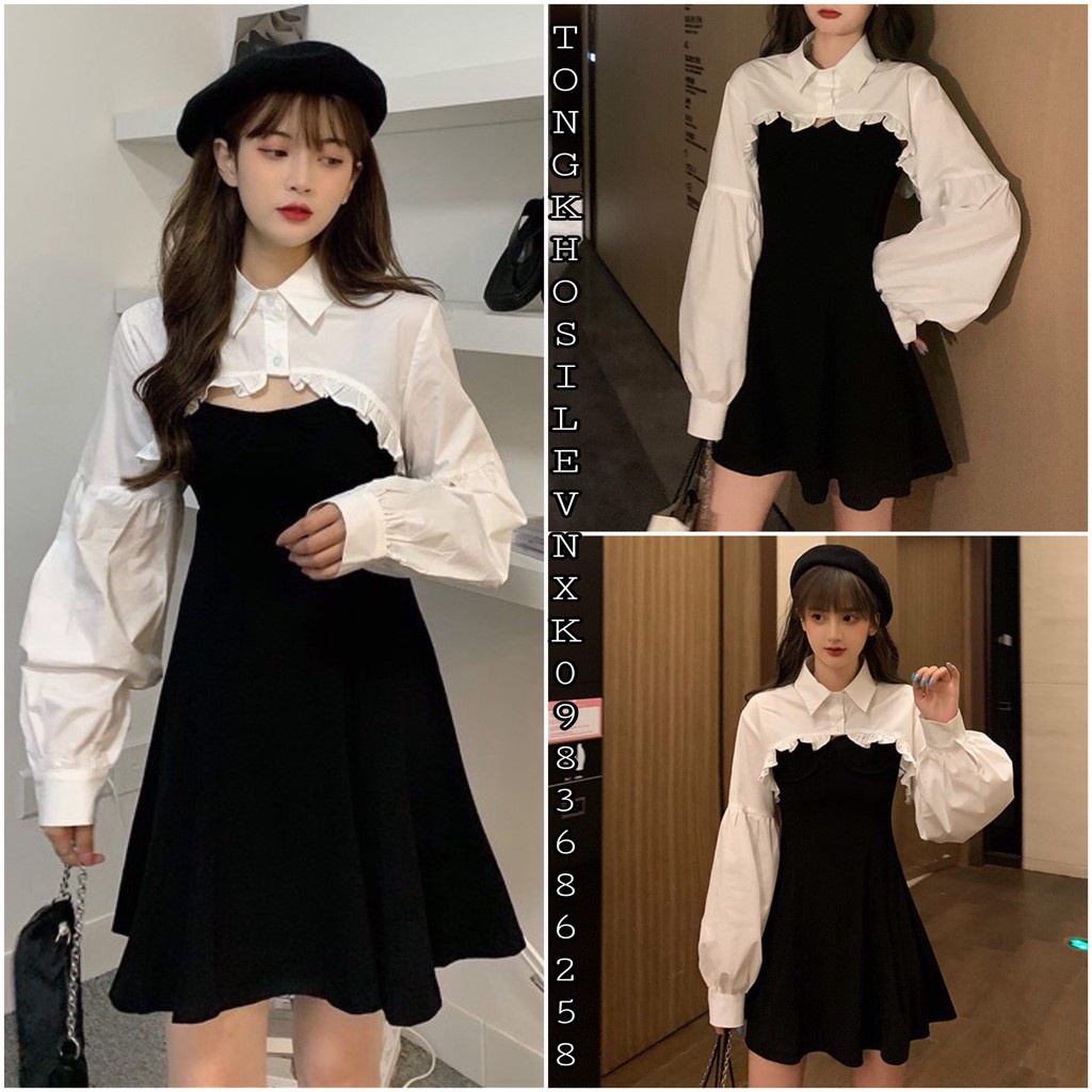 Set Váy Hai Dây Đen mix Sơ Mi Croptop Bèo Trắng Tay Dài - Áo Croptop Viền Bèo + Đầm Nữ Xòe - Set Xinh Ulzzang Hot GIN