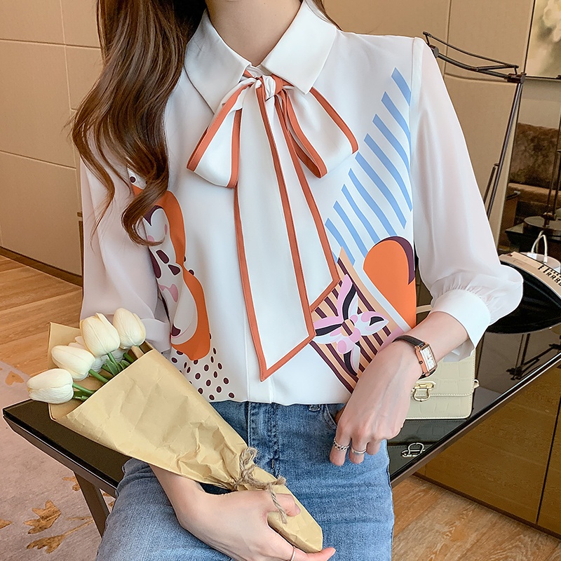Áo Sơ Mi Chiffon Tay Lỡ 3 / 4 In Họa Tiết Thắt Nơ Phong Cách Hàn Quốc Cho Nữ