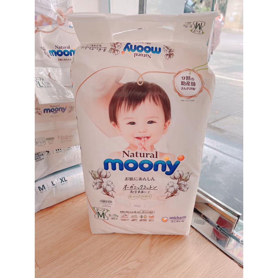 Bỉm Tã Dán /Tả Quần Moony Natural Trắng Cao Cấp Đủ Size NB63/S58/M46/L36