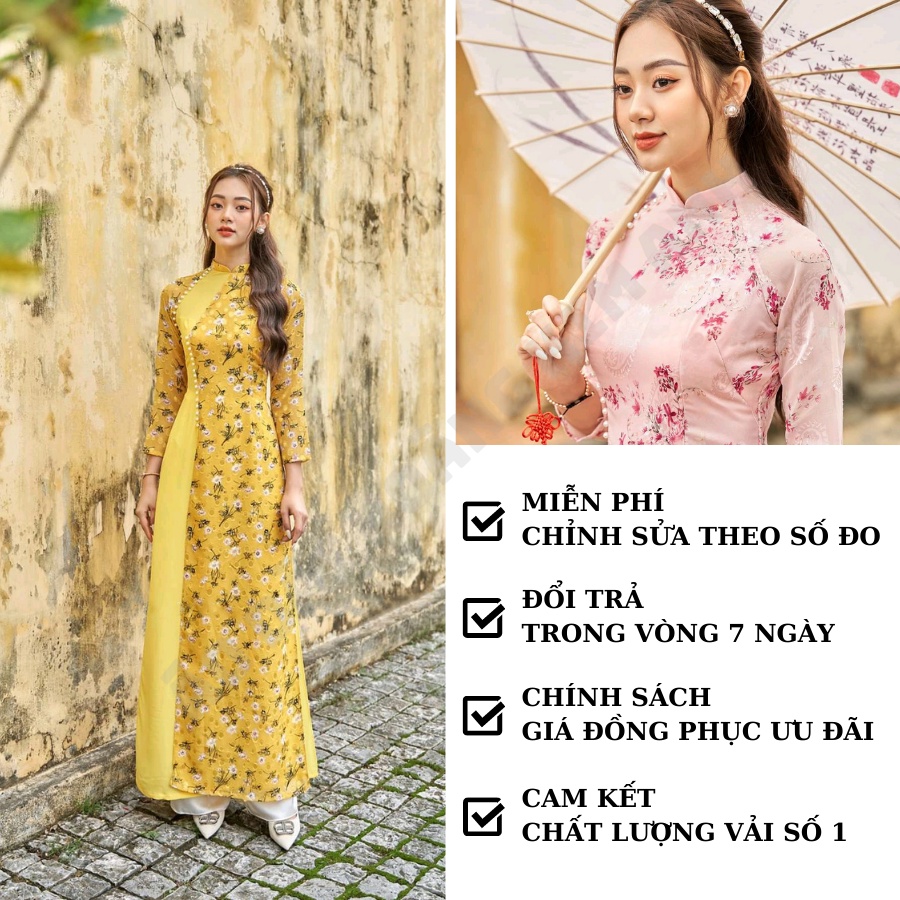ÁO DÀI CÁCH TÂN NỮ MAY SẴN HOA NHÍ LÓT VẢI LỤA, ÁO DÀI TRUYỀN THỐNG 4 TÀ MÀU VÀNG VÀ MÀU HỒNG