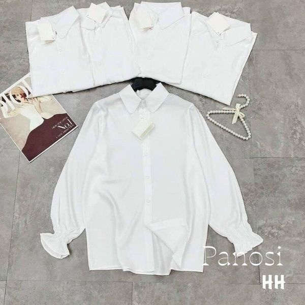 Áo sơ mi trắng nữ áo sơ mi basic nữ tay dài form rộng tay bồng bo chun kiểu dáng trẻ trung năng động - A615 TRẮNG-PANOSI