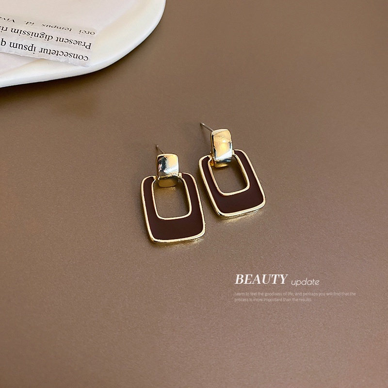 Khuyên tai nữ chữ nhật mặt nâu sang trọng, bông tai phong cách phụ kiện nữ Filibra - BT010