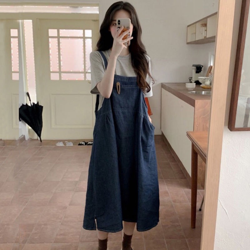 Bộ Áo Thun Ngắn Tay + Váy Yếm Denim Dáng Rộng Phong Cách Hàn Quốc Thời Trang Mùa Hè Mới Cho Nữ