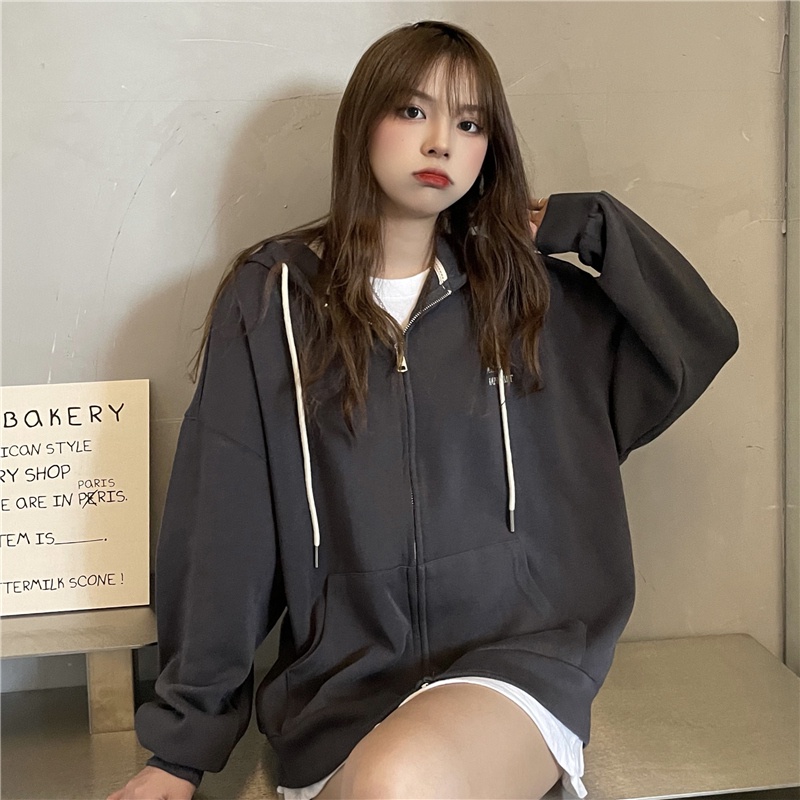Áo hoodie Nữ Dáng Rộng Có Khóa Kéo Phong Cách Hàn Quốc