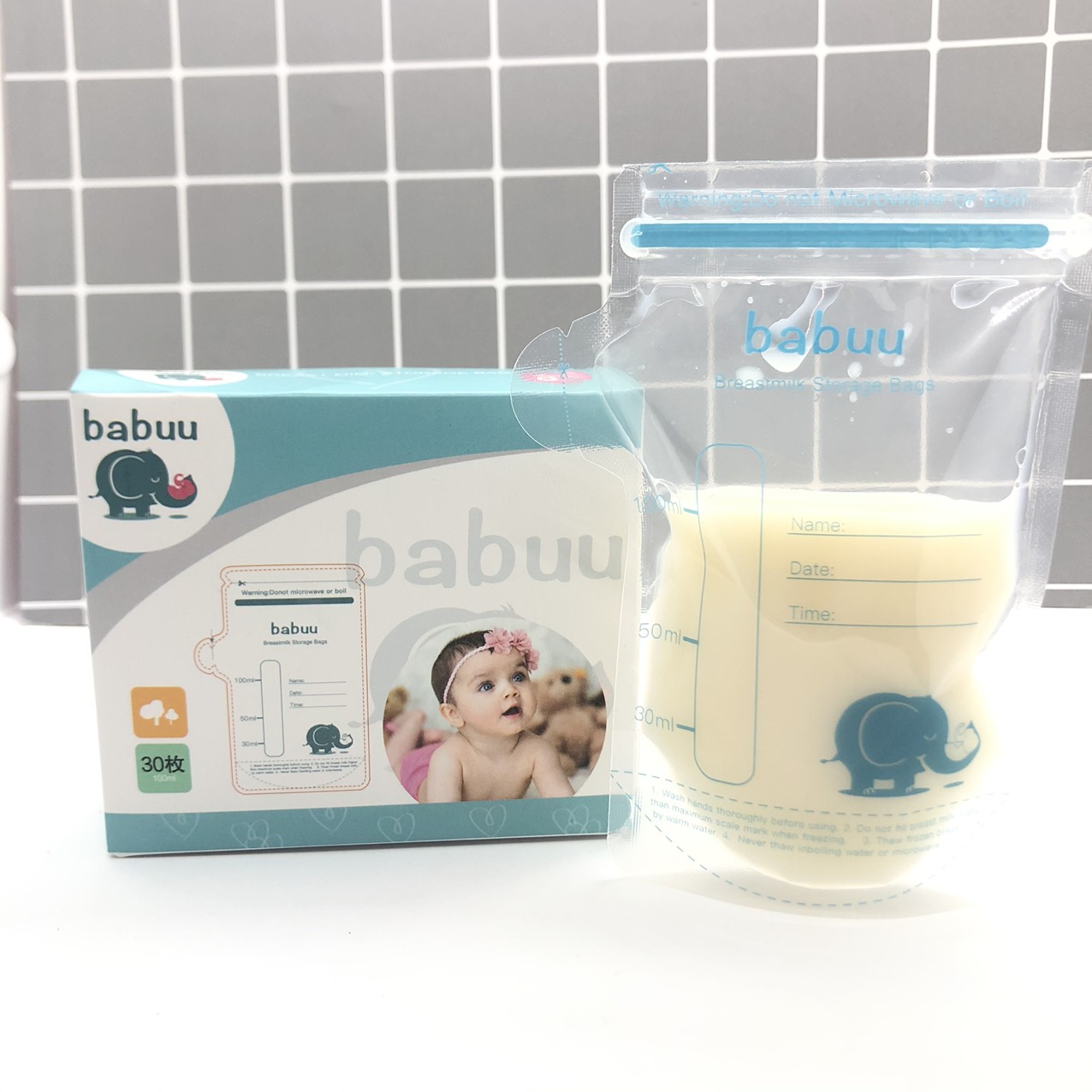 Túi trữ sữa mẹ Babuu hộp 30 túi 100ml có vòi rót sữa - Japan technology