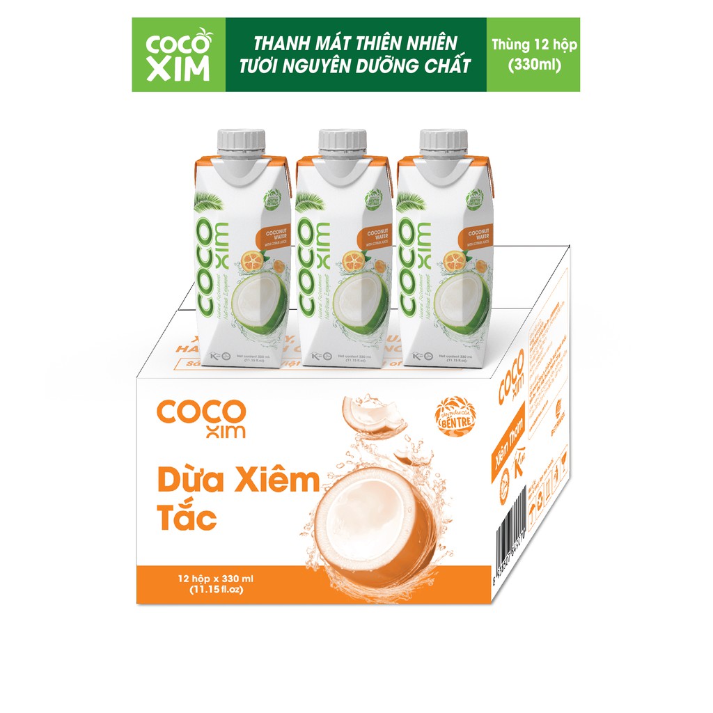 01 Thùng/ 12 Hộp 330mL Nước Dừa Xiêm Xanh/ Xiêm Organic/ Xiêm Sen/ Thơm/ Tắc Dừa Tươi Nguyên Chất 100% COCOXIM - YOOSOO