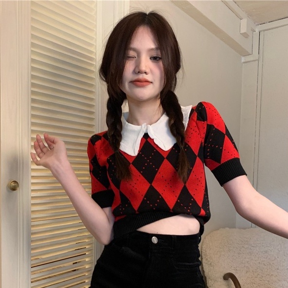 Áo thun dệt kim ZHELIHANGFEI cổ búp bê tay ngắn họa tiết hình thoi dễ thương