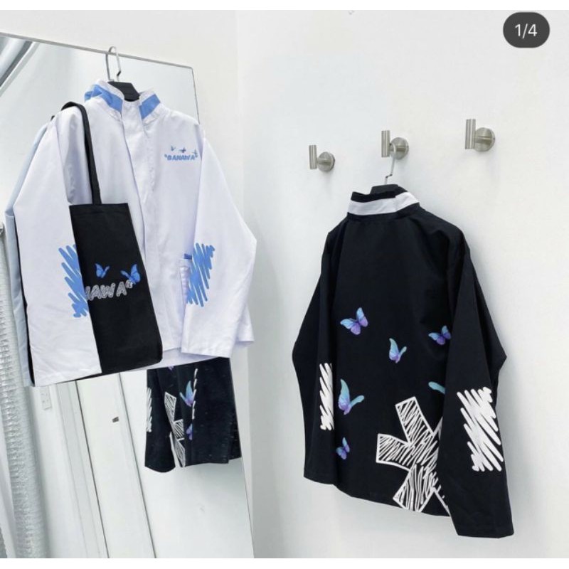 áo khoác dù đen, trắng, *