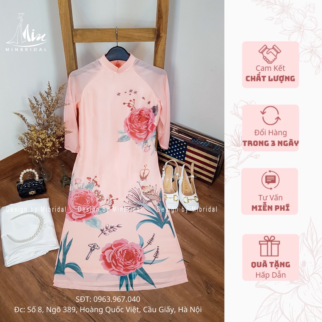 Áo dài các tân dáng xuông 4 tà chất liệu voan tơ óng in hoa văn, màu vàng