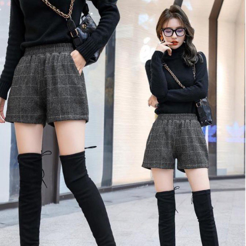 Quần Đùi Nữ Ống Rộng Vải Len Kẻ Ô Sành Điệu Lưng Thun Vải Dày Dặn Mềm Mịn Style Hàn Quốc - B08