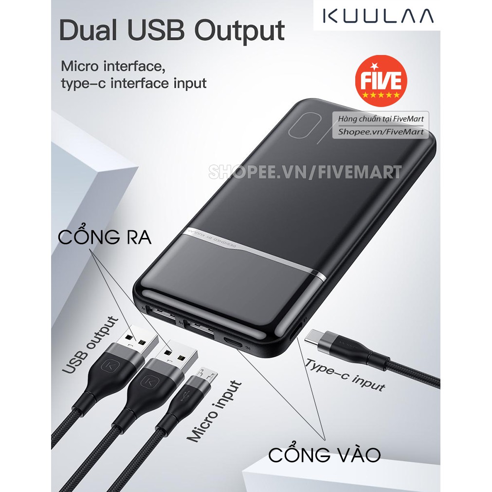 Sạc Dự Phòng 10.000mAh KUULAA K10 LUXURY, Đa Cổng, Màn LED, Siêu Mỏng, Siêu Bền