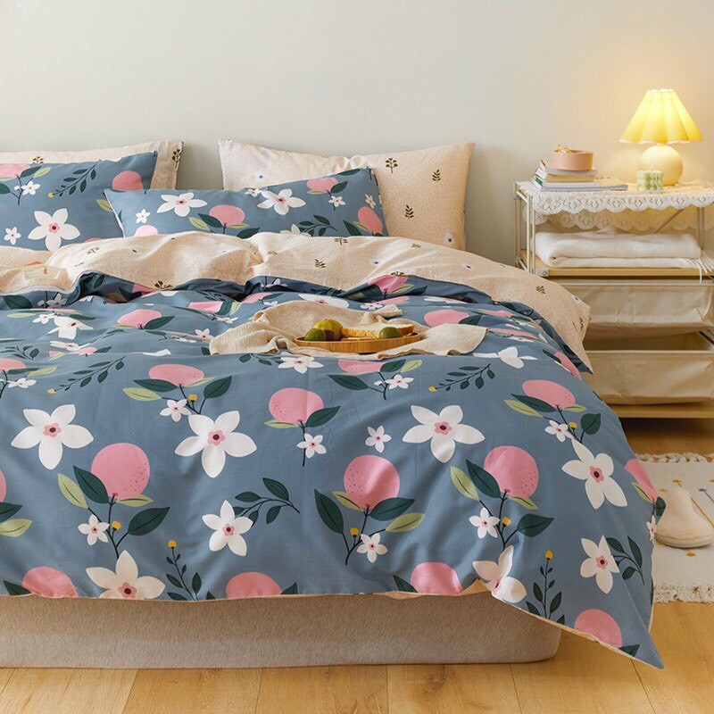 Bộ chăn ga cotton living 100% cotton- mẫu quýt lá xanh