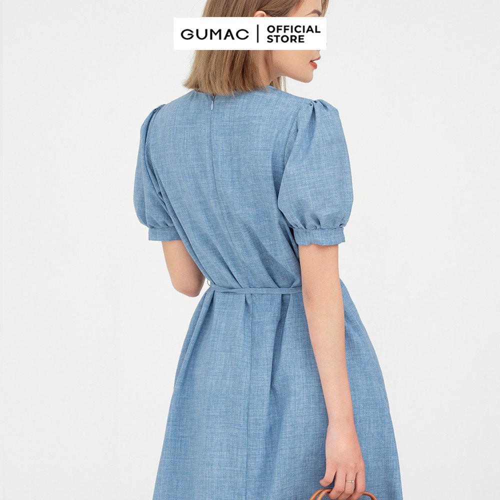 [Mã MABR07062 giảm 8% tối đa 50K đơn từ 249K] Đầm xòe nữ nẹp nút phối cổ GUMAC màu xanh tay ngắn DB574 | BigBuy360 - bigbuy360.vn