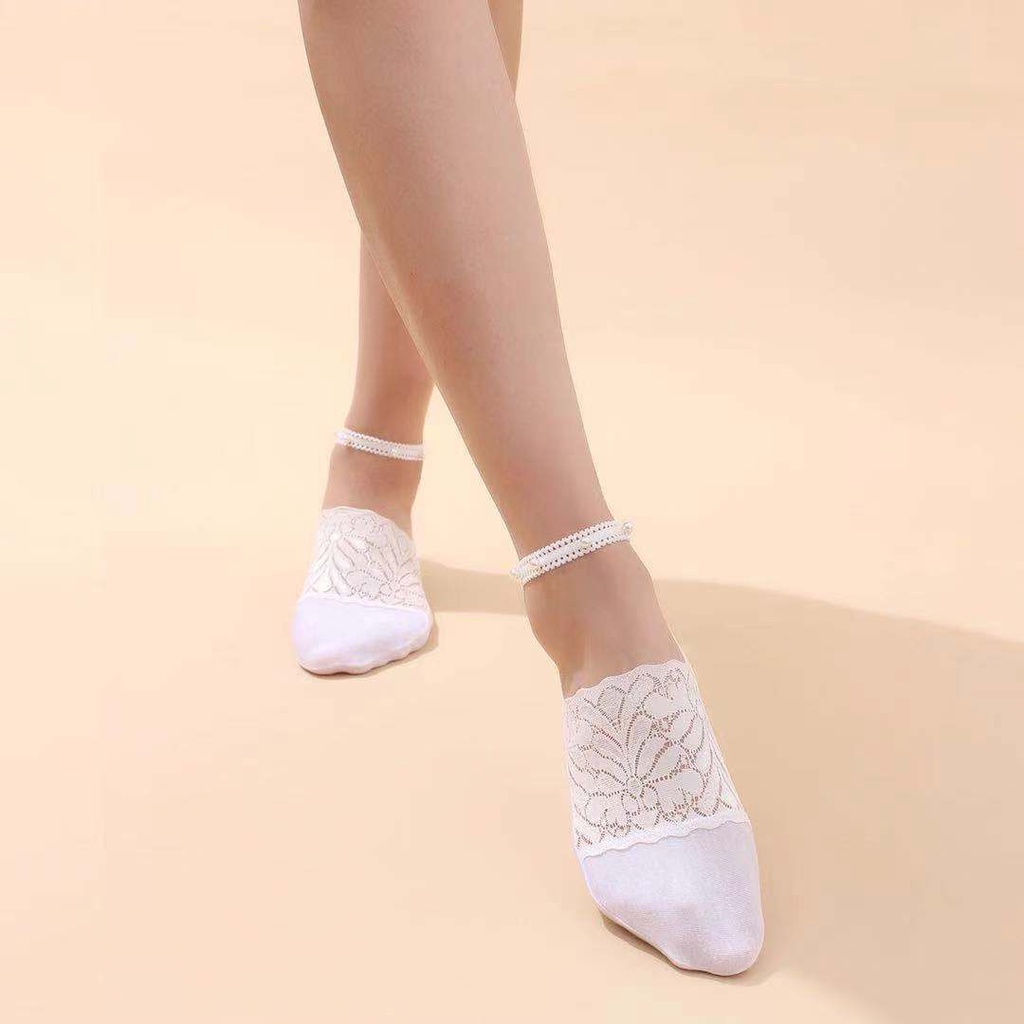 Vớ Thuyền Ren Ngọc Trai Trang Trí Miệng Sâu Vô Hình Không Rơi Cho Nữ