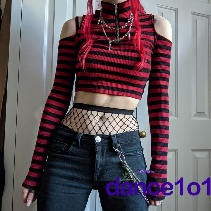 ♂Xx☎Áo Thun Tay Dài Hở Vai Dáng Ôm Họa Tiết Kẻ Sọc Xinh Xắn Cho Nữ