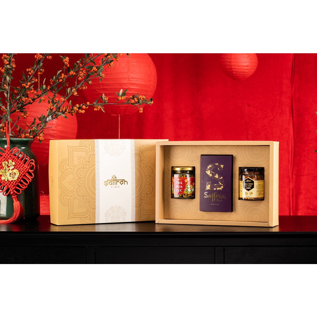 Bộ quà Tết nhụy hoa nghệ tây Saffron kèm Trà hoa và Đông trùng hạ thảo