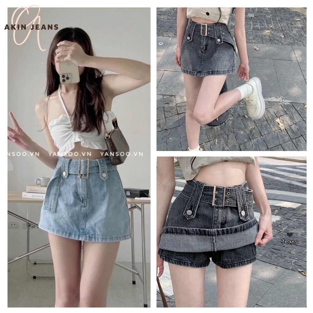 Chân Váy Jeans Chữ A Kèm Dây Đai Dáng Ngắn, Akin Jeans, Váy Bò Nữ Cạp Cao Có Quần Trong, JAKD