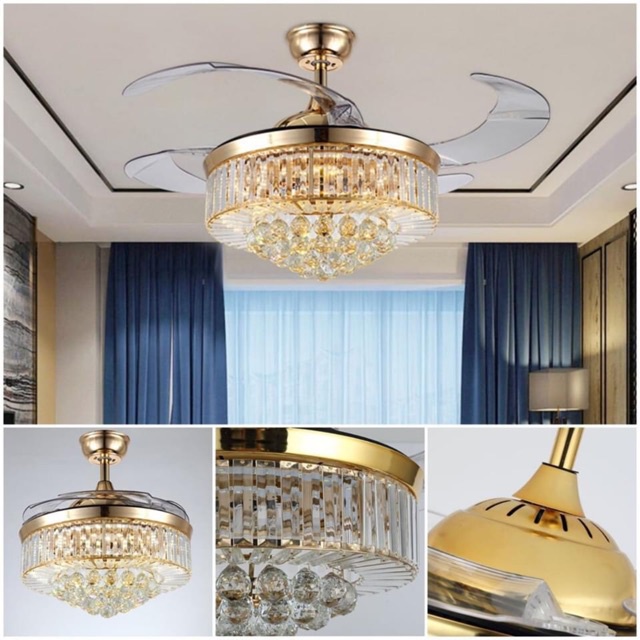 Quạt trần đèn Led, Quạt trần Pha Lê cánh cụp xòe trang trí phòng khách ánh sáng 3 màu remote 6 tốc độ mát,BH 5 năm