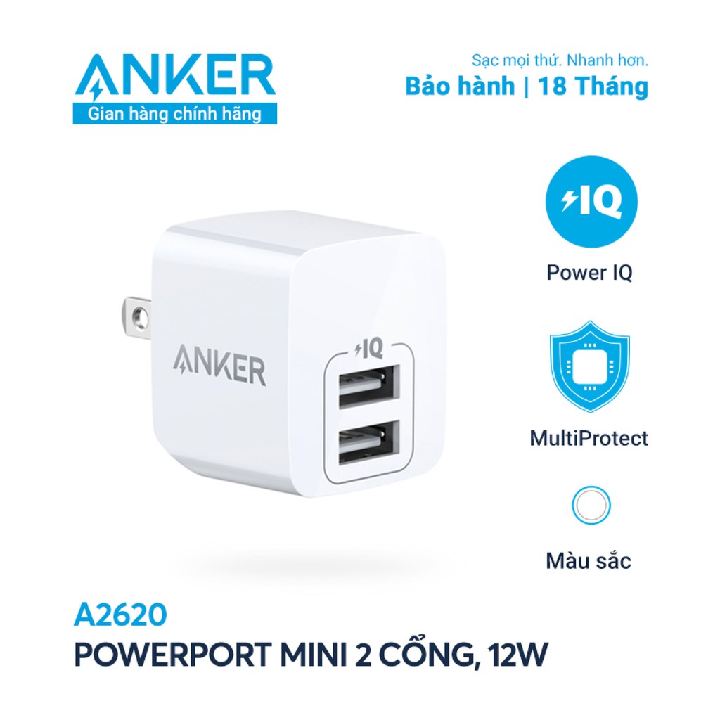 Sạc ANKER PowerPort mini 2 cổng PowerIQ 12W màu Trắng A2620 / A2129 - Hãng phân phối chính thức