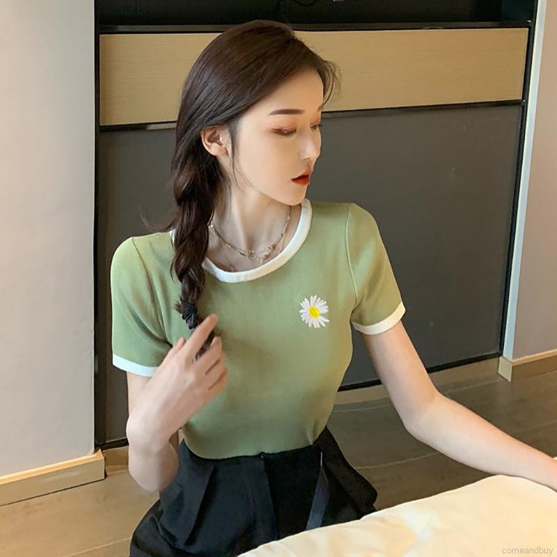 🌱Áo Thun Tay Ngắn Cổ Tròn In Hình Thời Trang Cá Tính🙋Áo Sweater Tay Ngắn Thêu Hoa Cúc Nhỏ Kiểu Hàn Quốc Dễ Thương