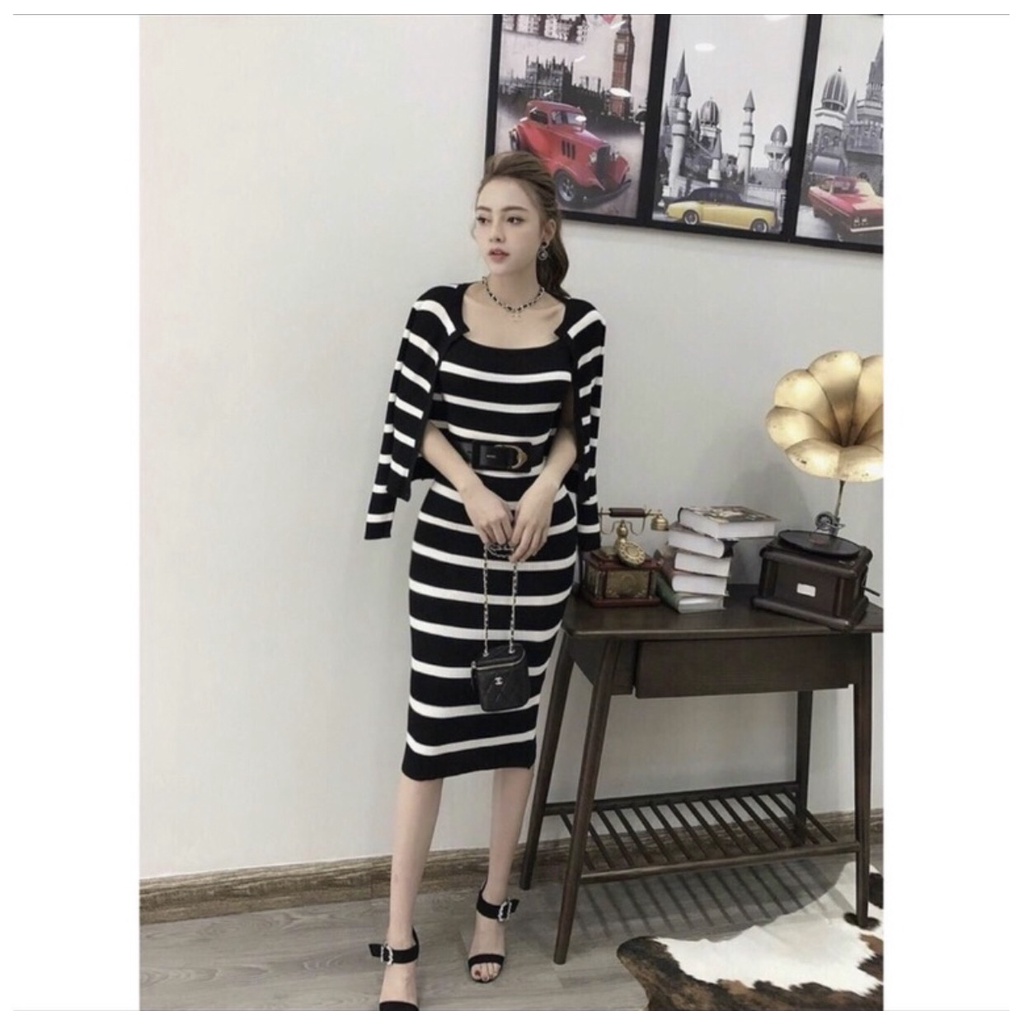 Sét váy 2 dây body len tăm kèm áo khoác cardigan hót nhất năm 2021, hàng quảng châu loại 1