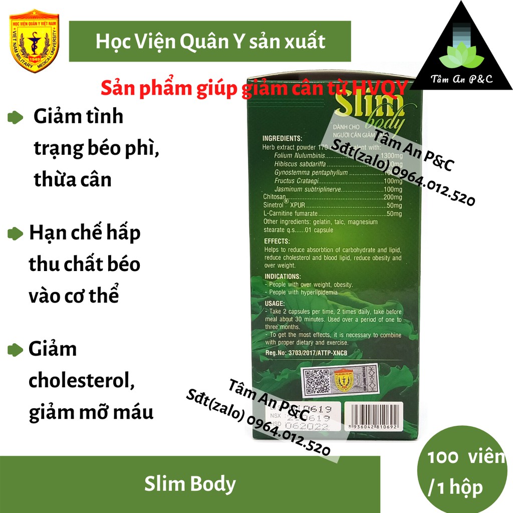 ( Giảm cân an toàn ) Viên uống giảm cân Slim Body sản xuẩt bởi Học viện Quân Y hộp 100 viên | BigBuy360 - bigbuy360.vn
