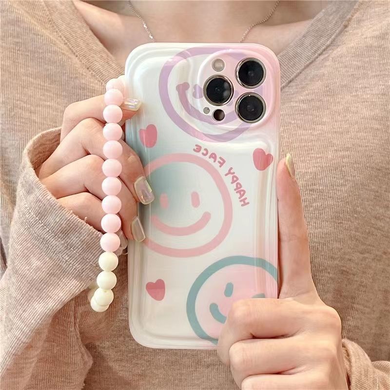 Ốp Điện Thoại Màu Hồng Thiết Kế Mặt Cười Kèm Dây Đeo Chuỗi Hạt Cho IPhone 12 13 11 Pro Max X Xs Max Xr Jkhj