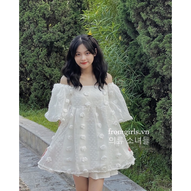 Váy babydoll hoa nổi, đầm trễ vai babydoll tay phồng tiểu thư ulzzang - V81