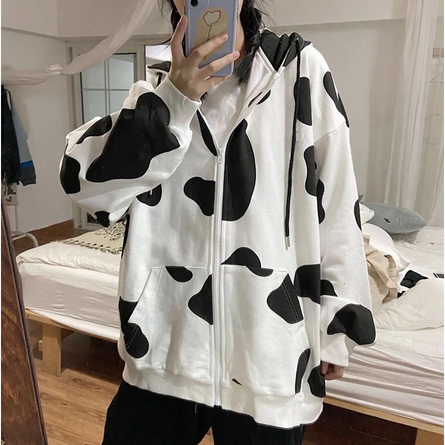 Áo Hoodie Thun Nỉ Trắng Đen - Form Rộng Con Bò Sữa Nam Nữ Ulzzang Kun