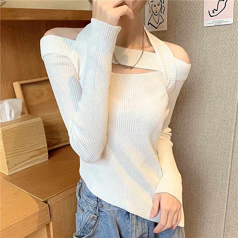 SUXI Áo croptop dệt kim tay dài hở vai ôm dáng phong cách Hàn Quốc cho nữ