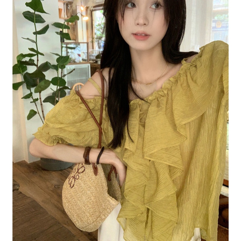 Áo Kiểu Trễ Vai Tay Ngắn Phối Bèo Thời Trang Mùa Hè Xinh Xắn Cho Nữ