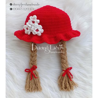 Nón len tông đỏ có 2 bím tóc cho bé gái - Dương liễu handmade