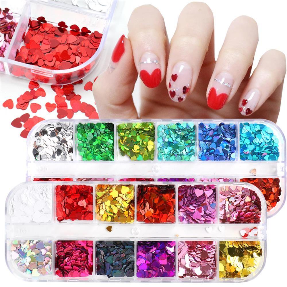 Hộp 12 Ngăn Sequin Hình Trái Tim 3D Dùng Trang Trí Móng Tay Nghệ Thuật DIY