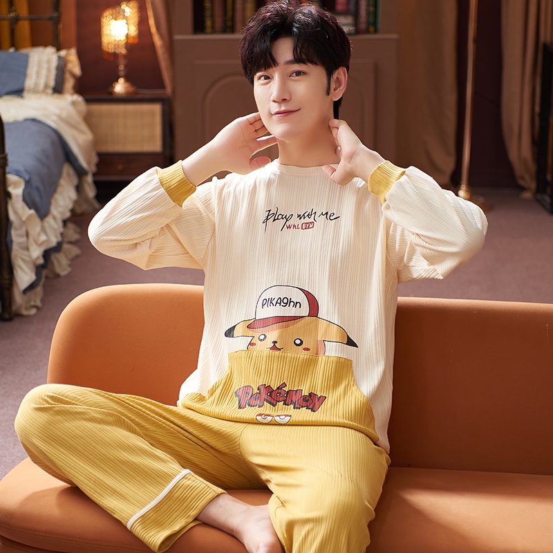 Bộ Đồ Ngủ Pijama Tay Dài Chất cotton In Họa Tiết Hoạt Hình Dễ Thương size L-4XL Thời Trang Cho Nam