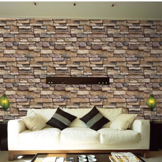 10m giấy dán tường 3D giả đá xếp ngang keo sẵn khổ 45cm