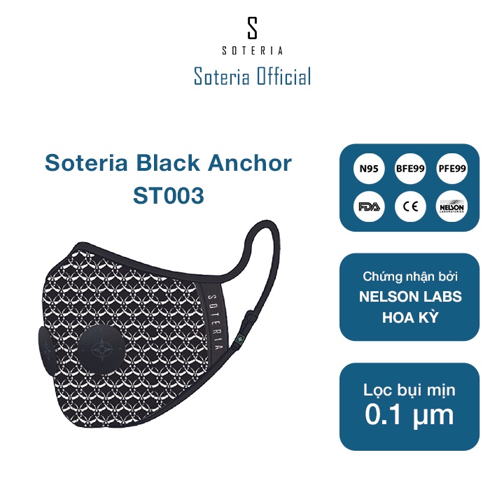 Khẩu trang tiêu chuẩn Quốc Tế SOTERIA Anchor ST003 - Bộ lọc N95 BFE PFE 99 lọc đến 99% bụi mịn 0.1 micro- Size S,M,L