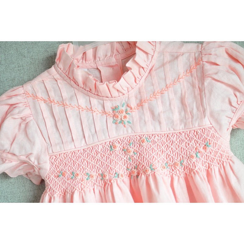 Đầm smock linen hồng