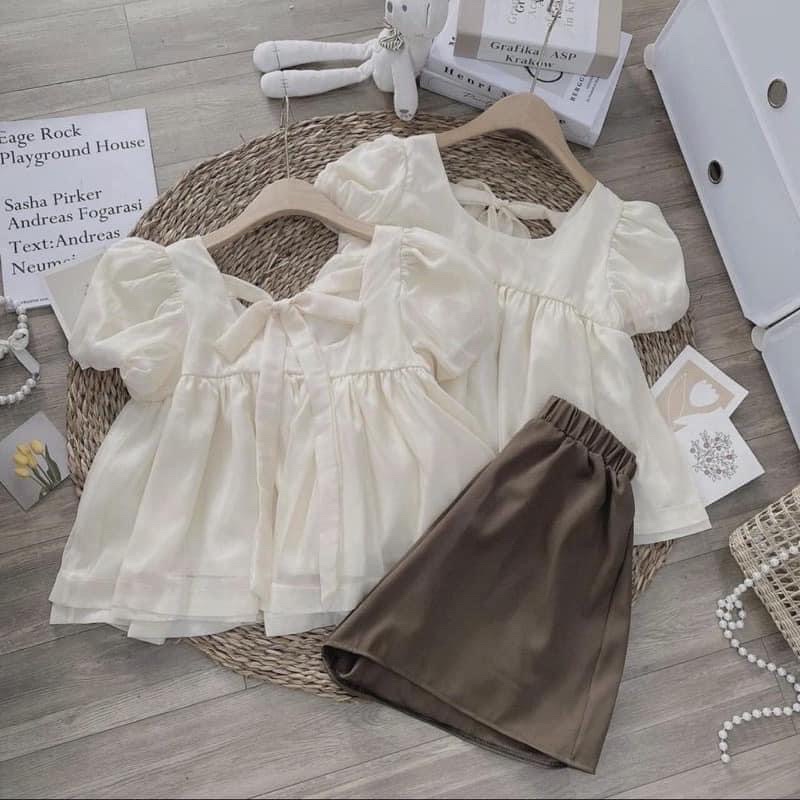 Set bộ áo babydoll tay bồng nơ lưng chất voan tơ và quần ống rộng cạp cao, set bộ tiểu thư