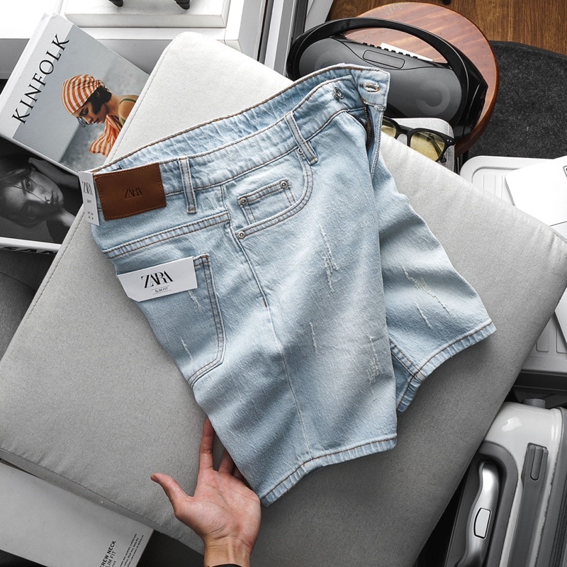 Quần Short Jean Nam ZA GÀ hàng VNXK form slim ngang gối wash rách