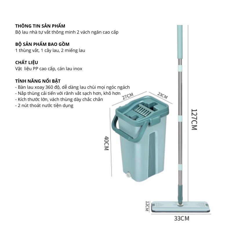 Bộ lau nhà 360 độ tự vắt thông minh xoay 2 vách ngăn cao cấp TẶNG BÔNG LAU