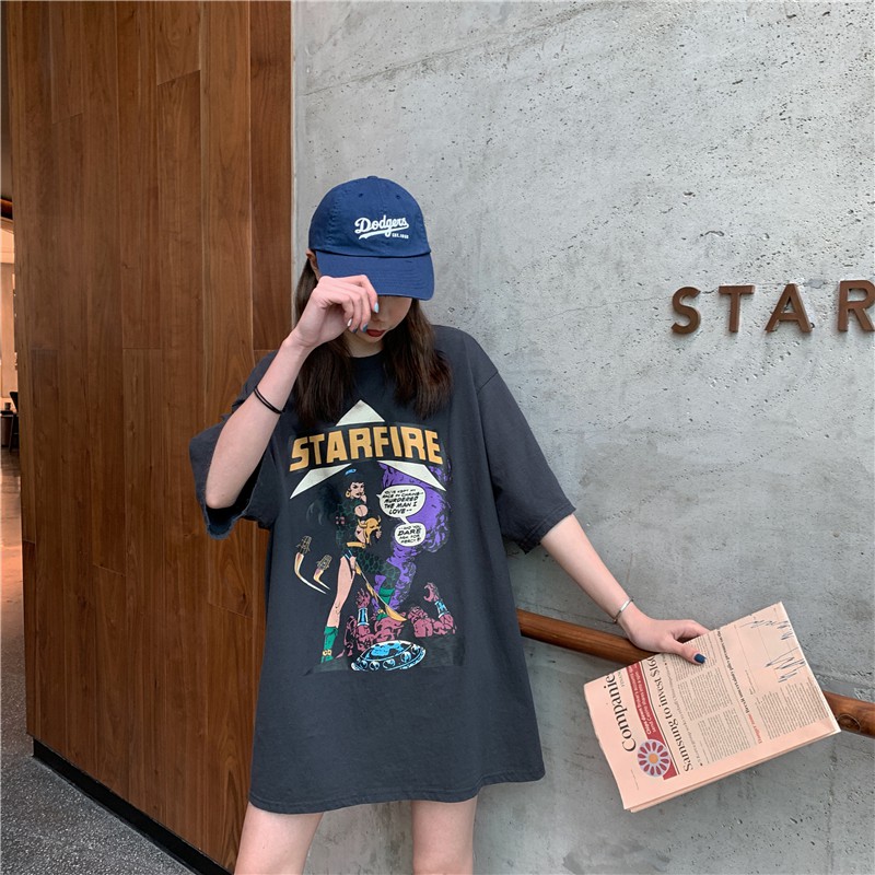 Áo thun ngắn tay họa tiết hoạt hình dễ thương dáng rộng phong cách Hàn Quốc cho nữ