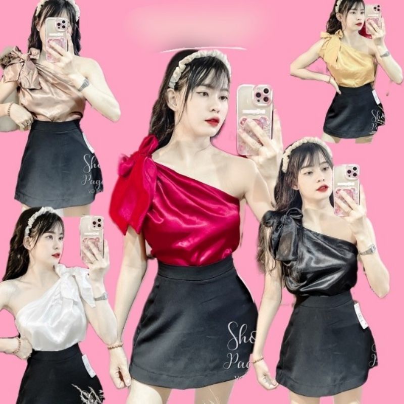 Áo phi lụa lệch vai cột nơ 1 bên Sang Chảnh😍