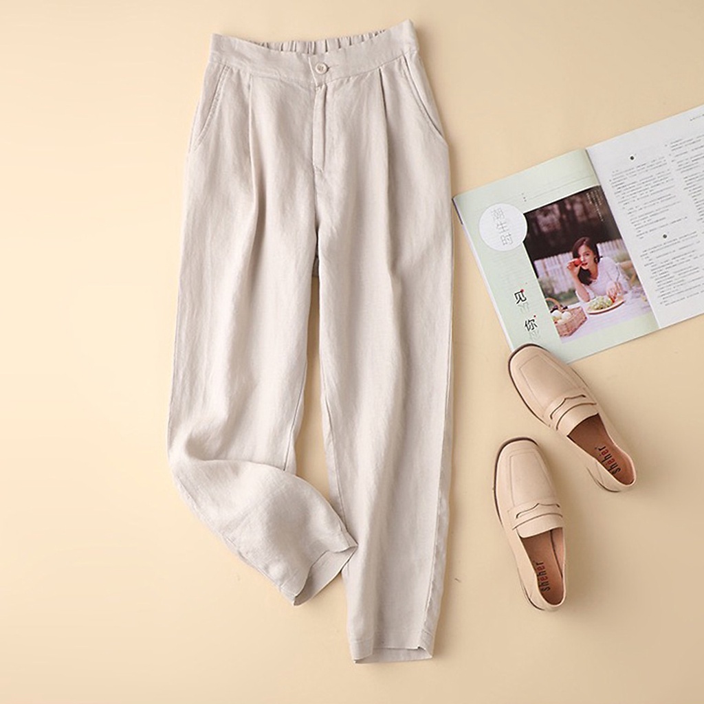 Quần baggy nữ Linen bột Premium dáng lửng cạp khóa trước
