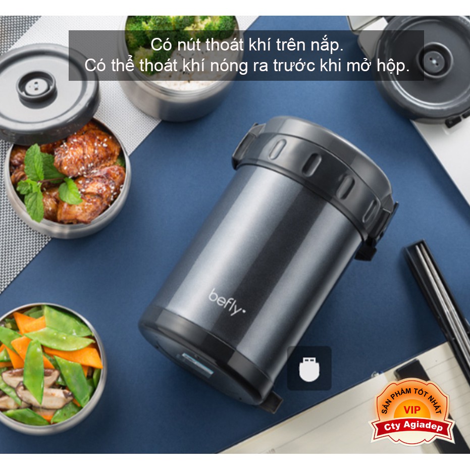 Hộp cơm giữ ấm văn phòng inox 3 tầng Chất lượng cao Befly  Siêu xịn
