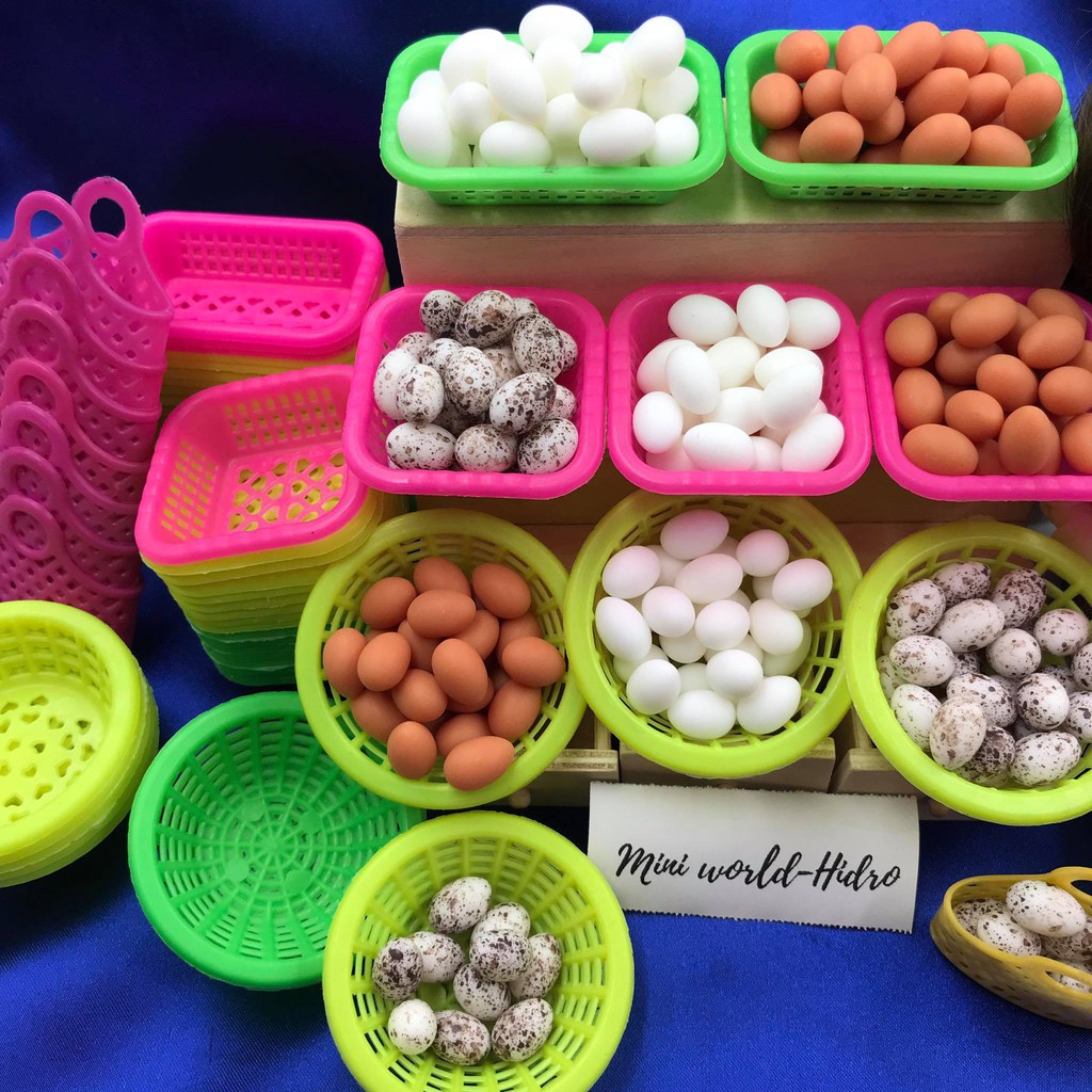 Combo rổ rá giỏ nhựa đi chợ trứng gà vịt cút mini tí hon mô hình dùng cho trang trí nhà búp bê BJD Barbie tỉ lệ 1/12,1/8
