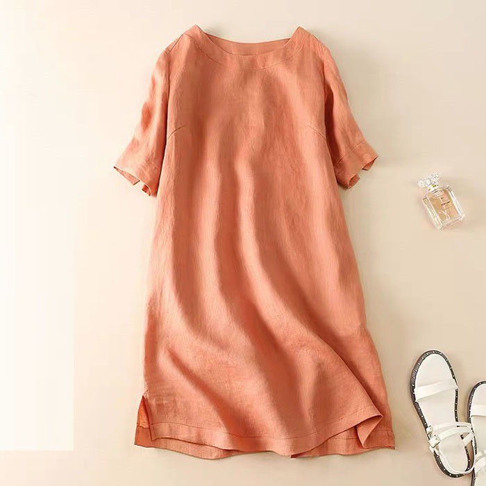 Đầm suông linen cổ tròn tay lỡ xẻ tà gấu, thời trang hè thu 2021