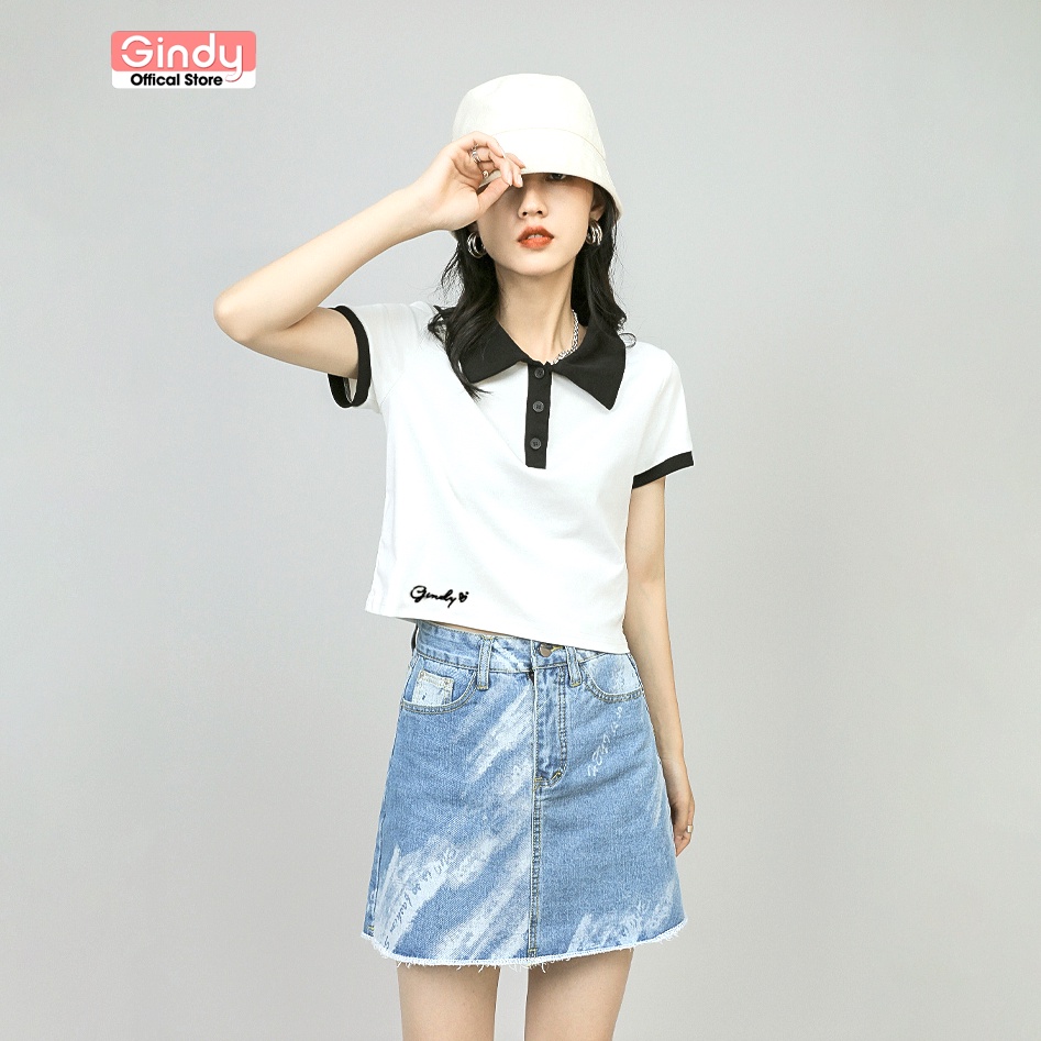 Áo phông nữ croptop GINDY cổ bẻ polo chất cotton thoáng mát tay lỡ form rộng A8103