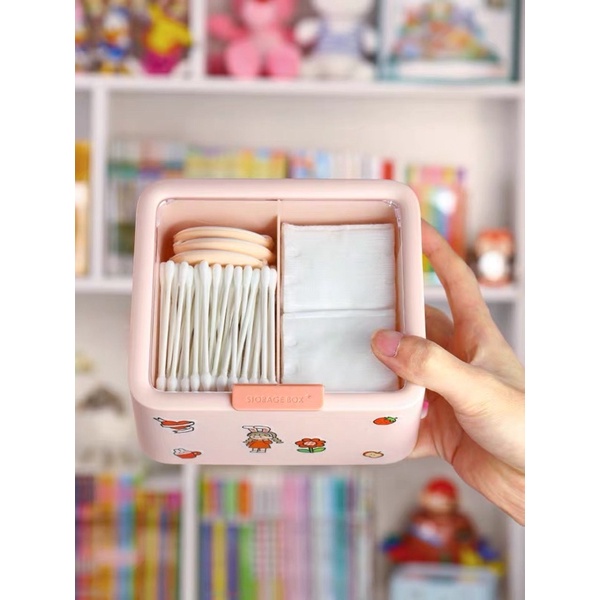 Hộp đựng bông tẩy trang- tăm bông, hộp đựng đồ hai ngăn đa năng- bông phấn màu pastel xinh xăn