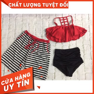 Set đôi nam nữ mặc đi biển tông đỏ đen đẹp